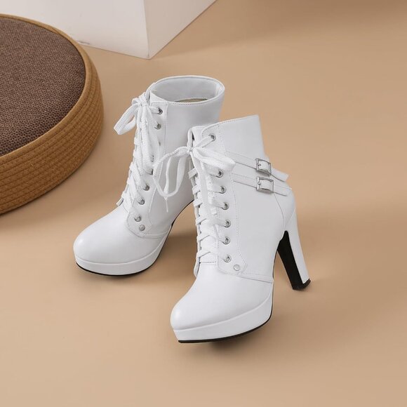 Women's White Susanny High Heel Platform for Sexy Lace Up Mid Calf Boots - Picture 7 of 9